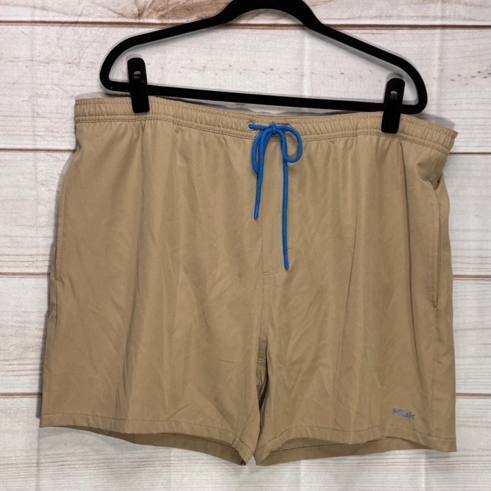 Huk Performance Shorts Mens XXL Tan Khaki Blue Drawstring Mesh Lined Stretch